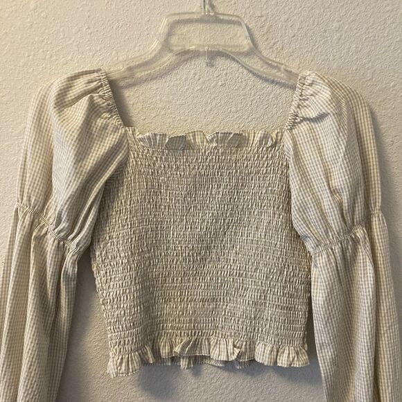 Superdown Womens Blouse Size XS Smocked Puff Sleeve Cropped Gingham Babydoll Top - Picture 5 of 11